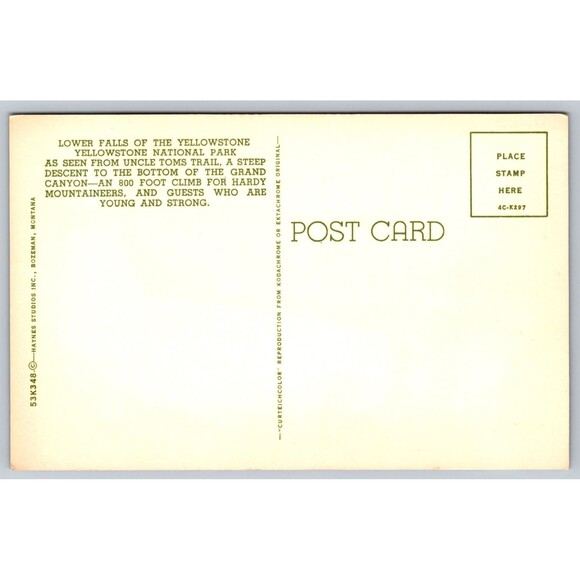 Postcard Wyoming Yellowstone National Park Lower Falls Uncle Toms Trail c1960s - Picture 2 of 2